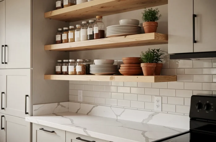 Cuisine compacte et bien organisée avec étagères flottantes en noyer, bocaux en verre et plan de travail en quartz blanc pour un intérieur fonctionnel