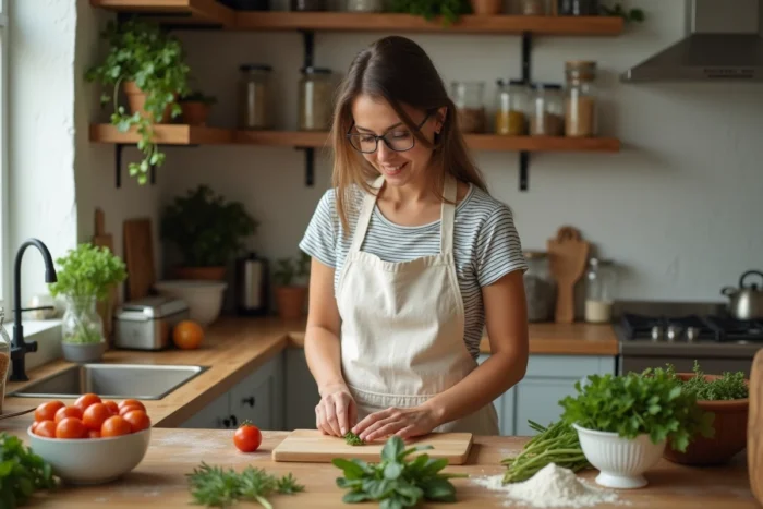 Femme préparant des légumes frais sur une planche en bois dans une cuisine familiale bien organisée
