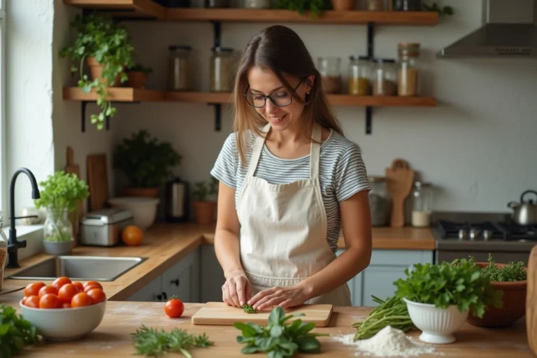 Femme préparant des légumes frais sur une planche en bois dans une cuisine familiale bien organisée