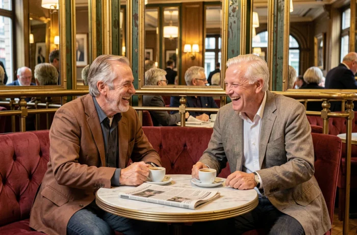 Deux acteurs français iconiques partageant un moment complice autour d'un café dans une brasserie parisienne traditionnelle