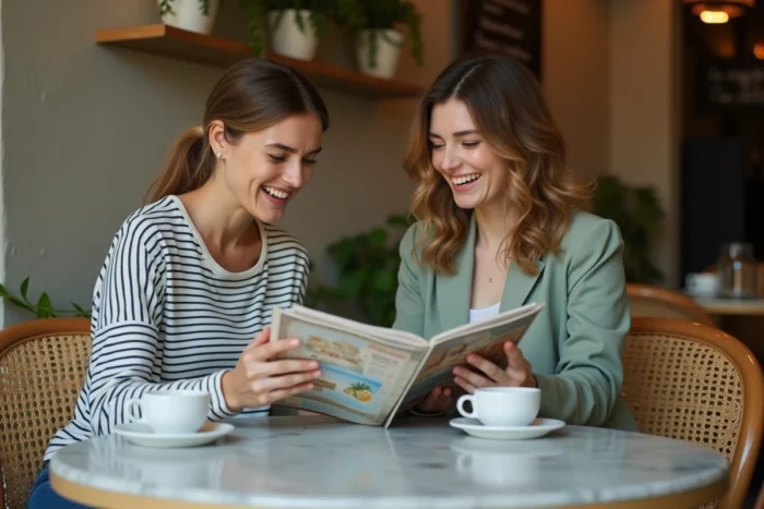 Deux femmes feuilletant ensemble un guide des meilleures adresses françaises attablées dans un café contemporain