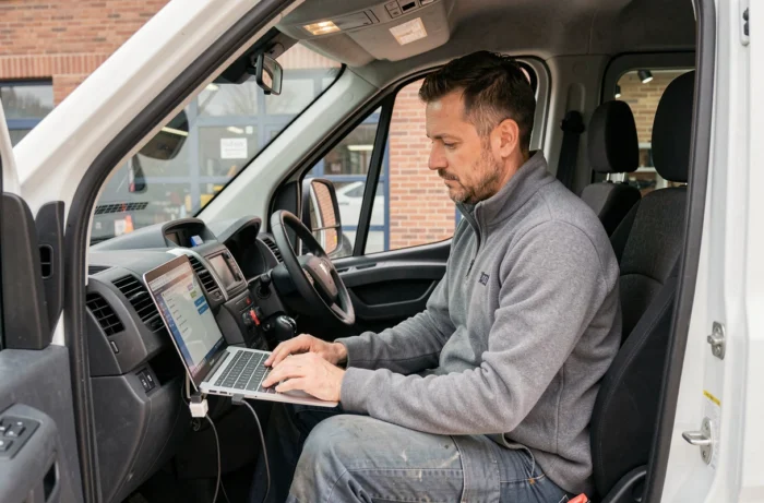 Serrurier automobile connectant un ordinateur de diagnostic au port OBD2 d'un Peugeot Boxer