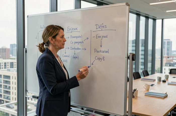 Femme professionnelle devant un tableau blanc expliquant la différence entre enjeux et défis lors d'une réunion d'entreprise