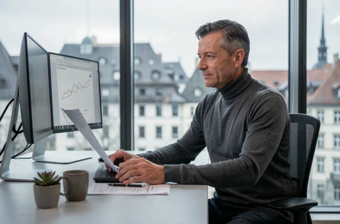 Dirigeant d'une startup suisse analysant des rapports financiers dans un bureau vitré à Bâle