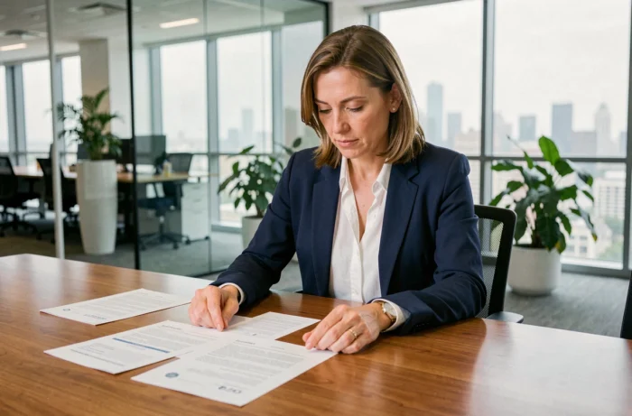Femme dirigeante de PME analysant des contrats commerciaux dans une salle de réunion moderne