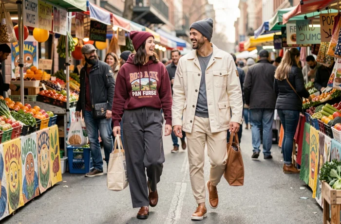 Deux amis en tenue streetwear tendance se promenant dans un marché urbain animé, style mode de rue contemporaine