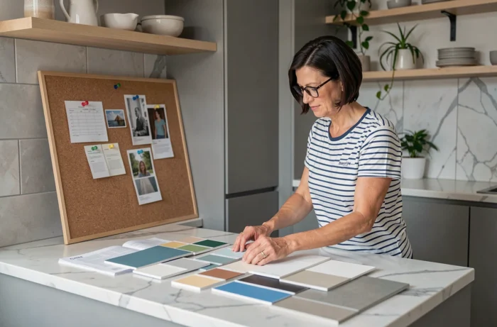 Femme étudiant des échantillons de peinture et matériaux sur un îlot de cuisine pour décorer sa maison