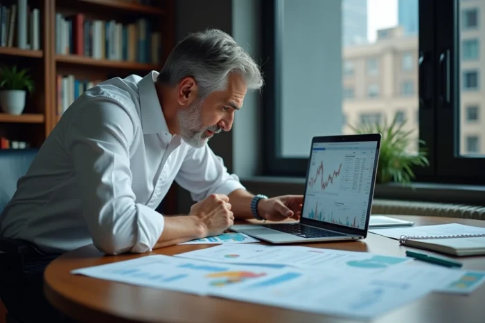Économiste analysant les graphiques de politique monétaire et les taux d'intérêt dans son bureau