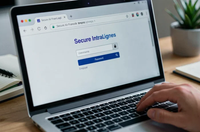 Écran d'ordinateur affichant la page de connexion sécurisée de l'intranet IntraLignes Air France en télétravail