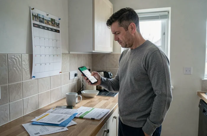 Enseignant consultant son application bancaire et son calendrier depuis son domicile, face aux délais de versement de salaire en 2026