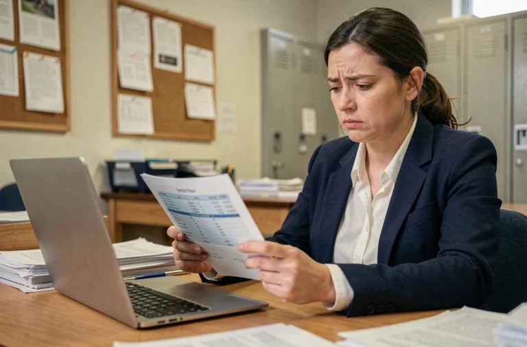 Enseignante examinant sa fiche de paie avec attention dans une salle des professeurs, illustrant les questions de salaire et retard de paye en 2026