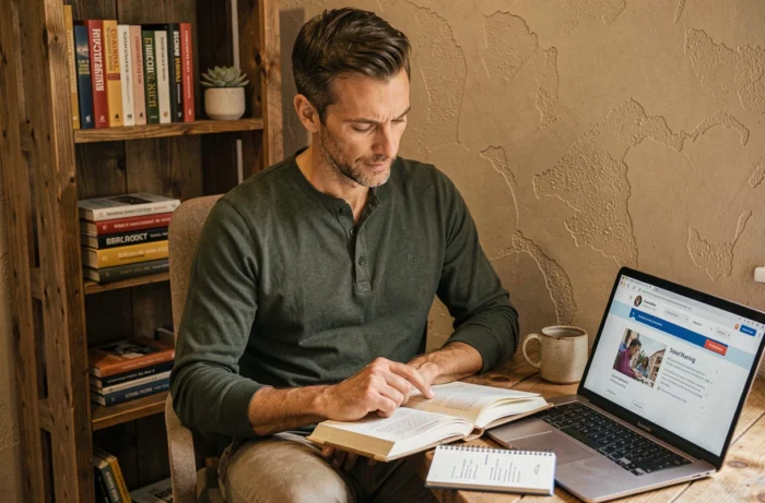 Homme entrepreneur à son bureau à domicile consultant des livres de business et des ressources en ligne pour développer son entreprise