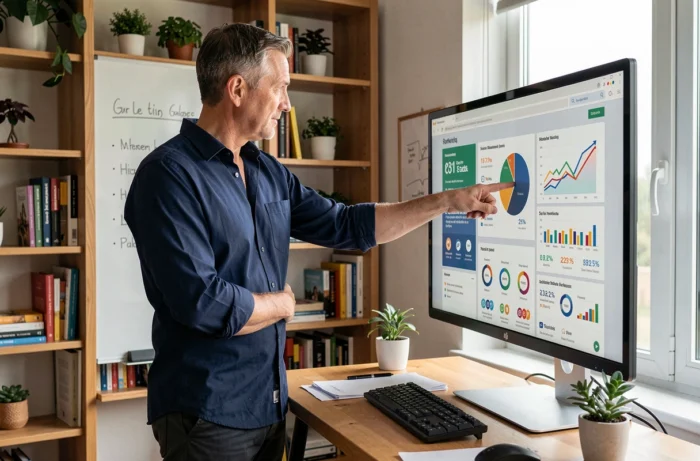 Entrepreneur masculin analysant des métriques de marketing digital et tendances business sur un grand écran dans un bureau à domicile