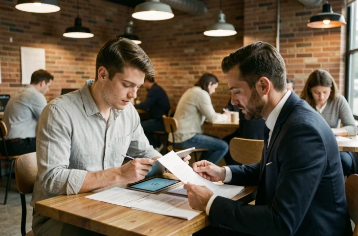 Entrepreneur consultant un conseiller juridique dans un espace de coworking pour sécuriser le développement de sa startup