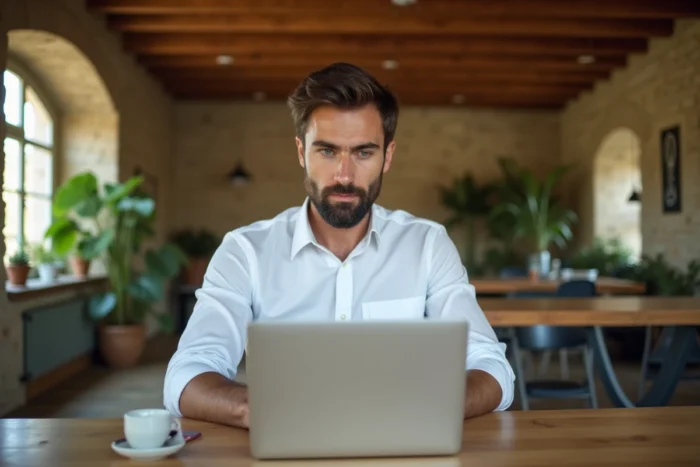 Entrepreneur normand travaillant sur son ordinateur portable dans un espace de coworking aménagé dans une ferme normande rénovée