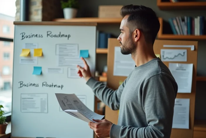 Entrepreneur présentant une feuille de route stratégique sur tableau blanc dans un bureau professionnel