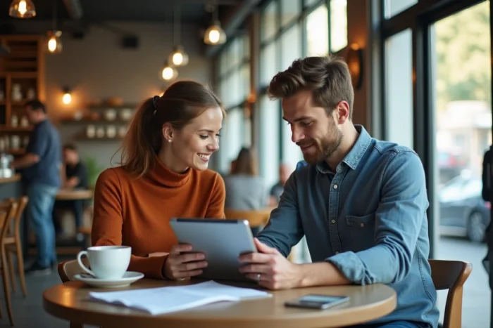 Deux entrepreneurs discutant de ressources numériques pour startups autour d'une tablette dans un café urbain