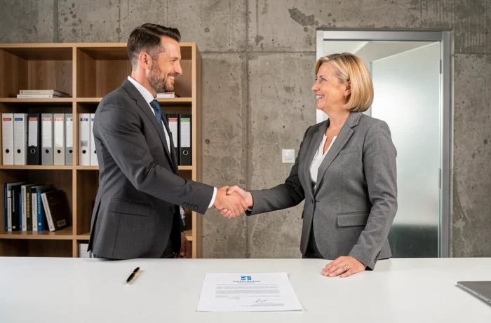 Deux entrepreneurs signant et finalisant un contrat commercial dans un bureau d'entreprise moderne