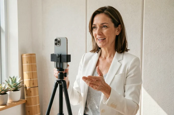Entrepreneuse du bien-être enregistrant une vidéo de marketing pour les réseaux sociaux dans son studio de yoga pour attirer de nouveaux clients