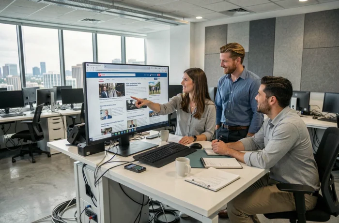 Équipe de journalistes analysant les dernières actualités web dans une salle de rédaction moderne