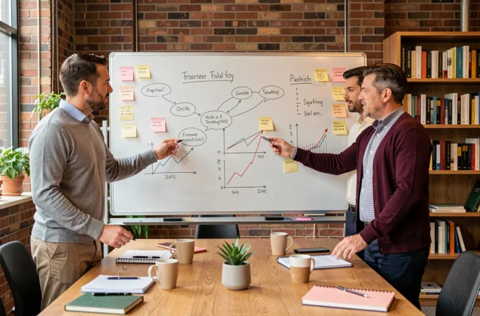 Équipe de professionnels en réunion stratégique autour d'un tableau blanc avec des graphiques de croissance et des notes de planification business