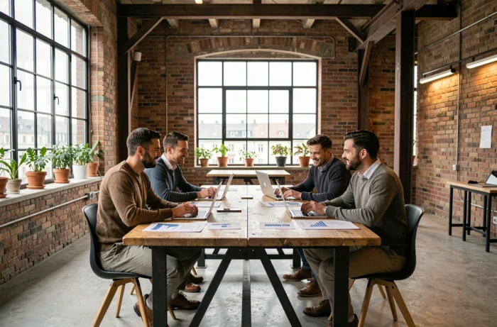Équipe de startuppers suisses collaborant autour d'une table dans un loft industriel à Genève