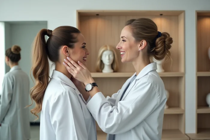 Femme essayant une prothèse capillaire en boutique spécialisée avec l'aide d'une prothésiste capillaire professionnelle