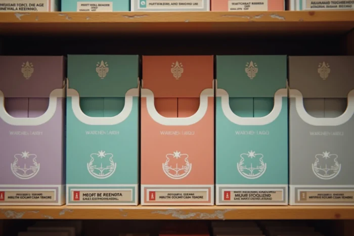 Étagère de bureau de tabac présentant des rangées de paquets de cigarettes slim aux couleurs standardisées selon les nouvelles normes 2026