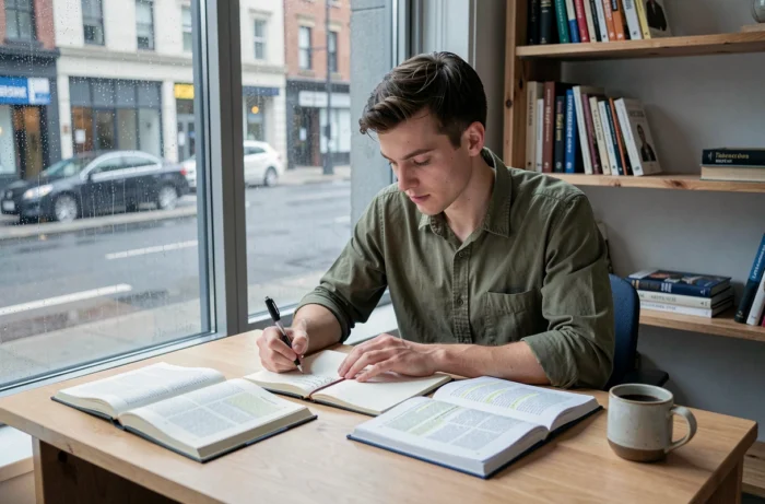 Jeune homme étudiant seul la distinction entre enjeux et défis en prenant des notes dans un bureau intimiste