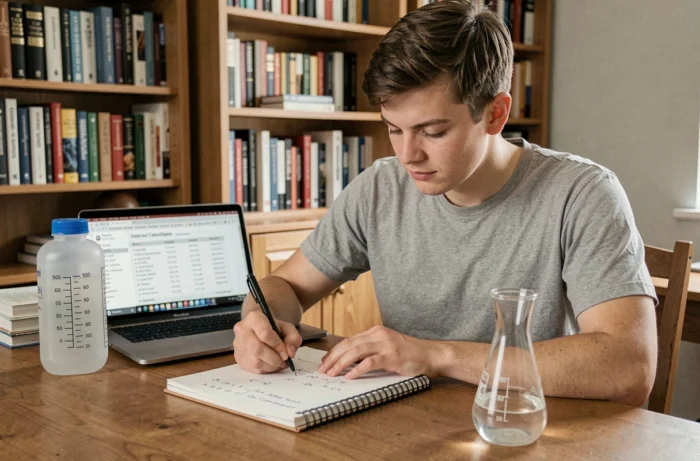 Étudiant calculant la conversion de 50 cl en millilitres dans un carnet avec des bouteilles graduées sur un bureau