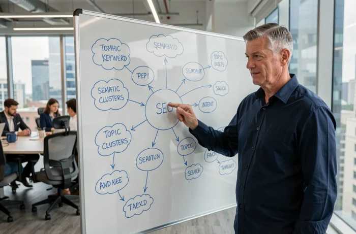 Expert SEO présentant une carte mentale d'analyse sémantique sur un tableau en verre dans un espace de travail collaboratif moderne