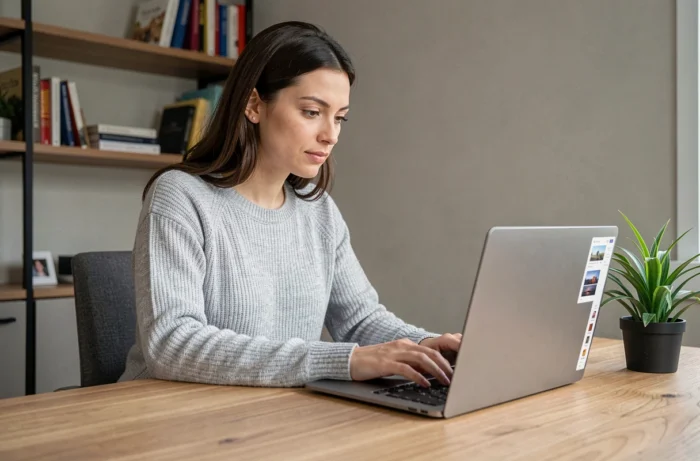 Femme consultant les dernières actualités web sur un ordinateur portable dans un bureau moderne