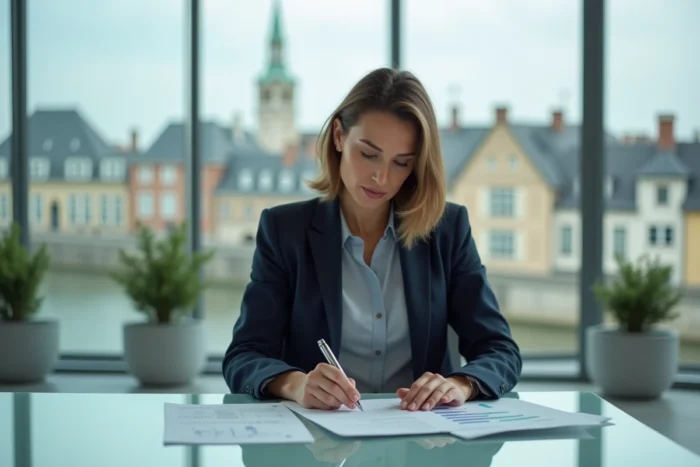 Femme d'affaires normande en blazer marine analysant des documents dans une salle de réunion moderne avec vue sur Rouen