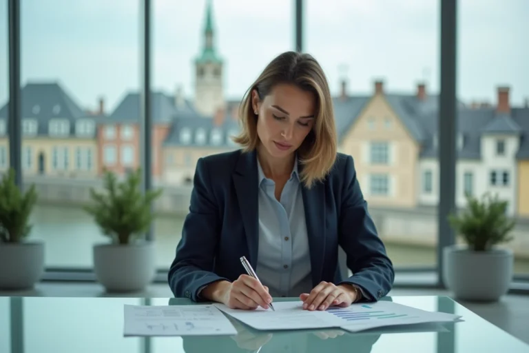 Femme d'affaires normande en blazer marine analysant des documents dans une salle de réunion moderne avec vue sur Rouen