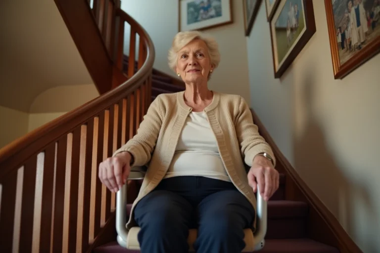 Une femme âgée assise sur un monte-escalier dans un couloir chaleureux avec une rampe en bois courbe