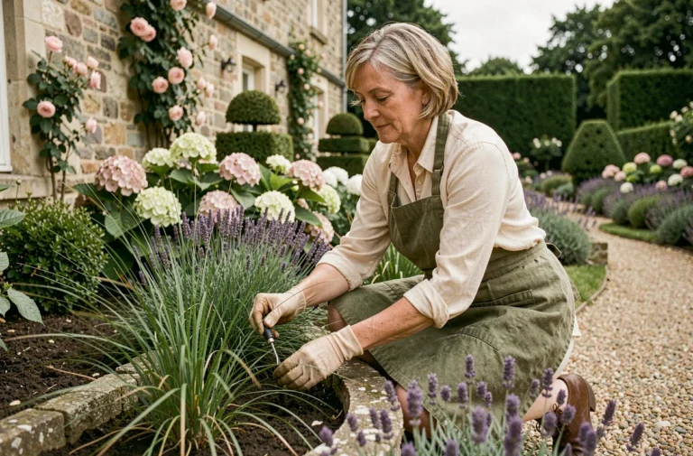 Femme aménageant un parterre de fleurs dans un jardin paysager harmonieux avec lavande et graminées ornementales