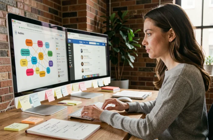 Femme analyste SEO étudiant des graphiques d'analyse sémantique et de clusters de mots-clés sur un écran d'ordinateur dans un bureau moderne