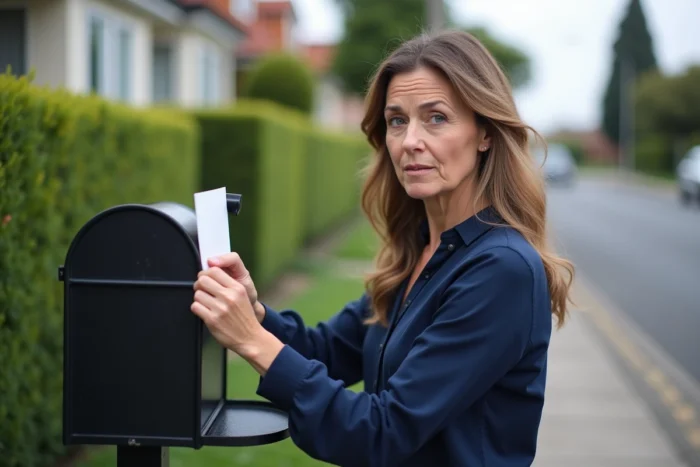 Femme ouvrant une boîte aux lettres vide devant sa maison, illustrant le problème de non-réception d'un abonnement magazine Télé Z
