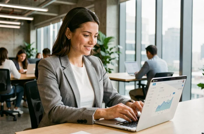 Femme professionnelle analysant des tendances e-commerce sur un ordinateur portable dans un espace de coworking moderne
