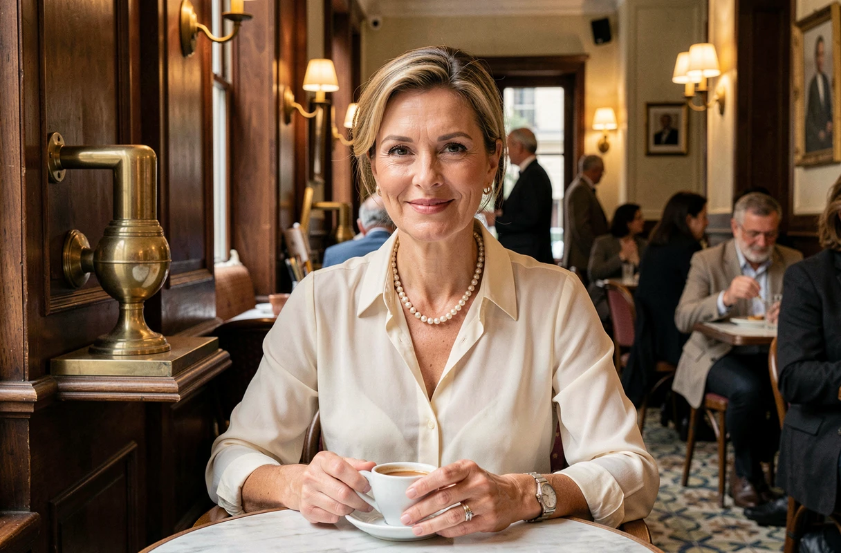 Femme élégante dans un café parisien évoquant la discrétion et le raffinement de la vie personnelle d'un couple célèbre