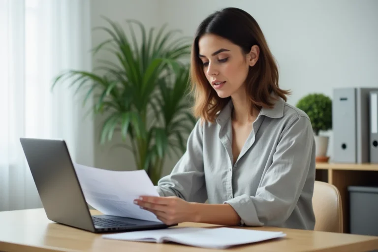 Femme consultant ses fiches de paie en ligne sur un ordinateur portable dans un bureau à domicile organisé
