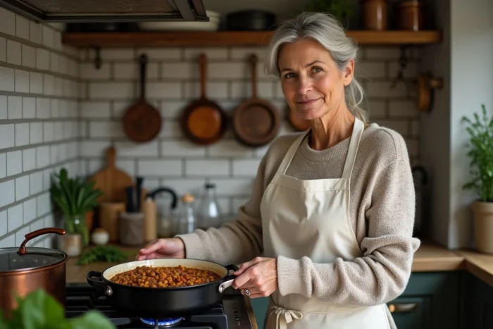 Femme cuisinant des lentilles aux saucisses dans une cocotte sur une cuisinière à gaz dans une cuisine française authentique
