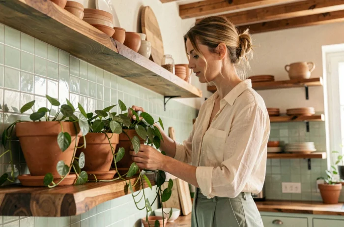 Femme arrangeant des plantes en pots sur une étagère en noyer dans une cuisine décorée de carreaux zellige et de poutres en bois