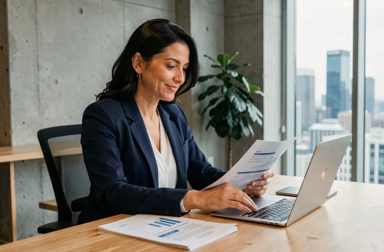 Femme entrepreneur concentrée à son bureau analysant des rapports d'affaires avec un ordinateur portable dans un bureau moderne avec vue sur la ville