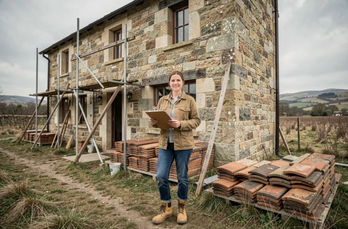 Femme experte en immobilier artisanal devant une ferme en pierre en cours de rénovation avec des matériaux de construction