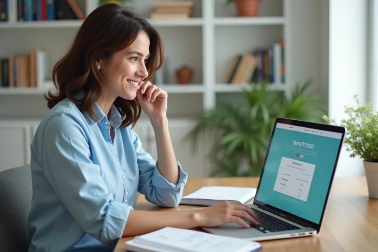 Femme utilisant son CPF pour s'inscrire à une formation en ligne sur son ordinateur portable dans un bureau à domicile
