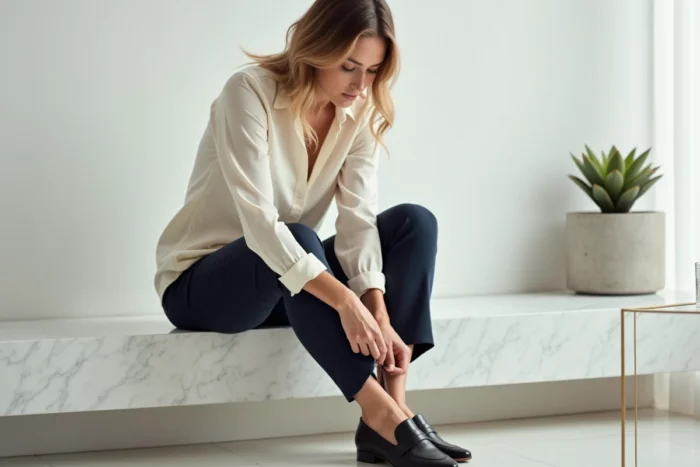 Femme élégante enfilant des lacets en cuir ciré dans des mocassins pointus dans un appartement minimaliste moderne