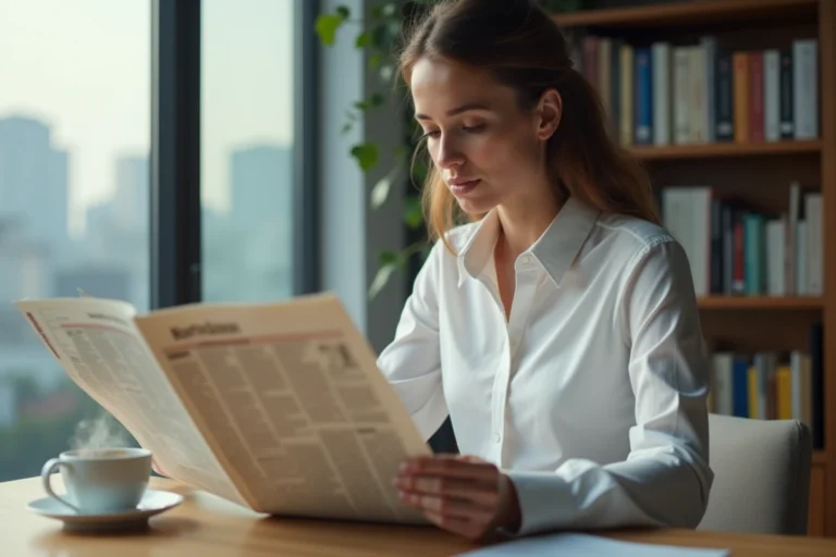 Femme lisant un journal quotidien dans un appartement moderne pour rester informée de l'actualité
