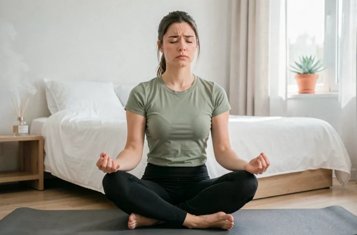Jeune femme en méditation pour soulager les décharges électriques dans la tête causées par le stress