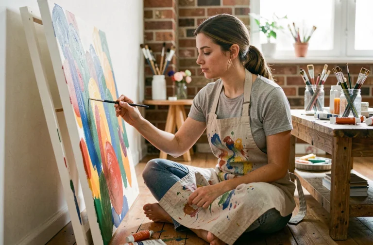 Femme peignant sur une toile dans un atelier artistique fait maison, entourée de pinceaux et de peintures colorées